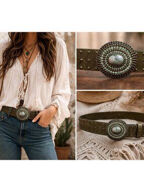 Streets Ahead Studded Leather Belt Statement Buckle Stone Wide Boho Western M